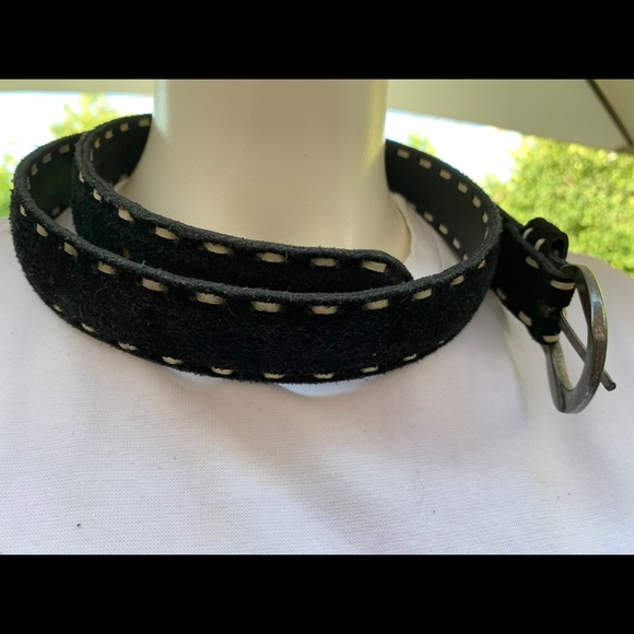 Black real suede leather belt witb white stich details on both edges 85 cm S-M - Picture 4 of 8